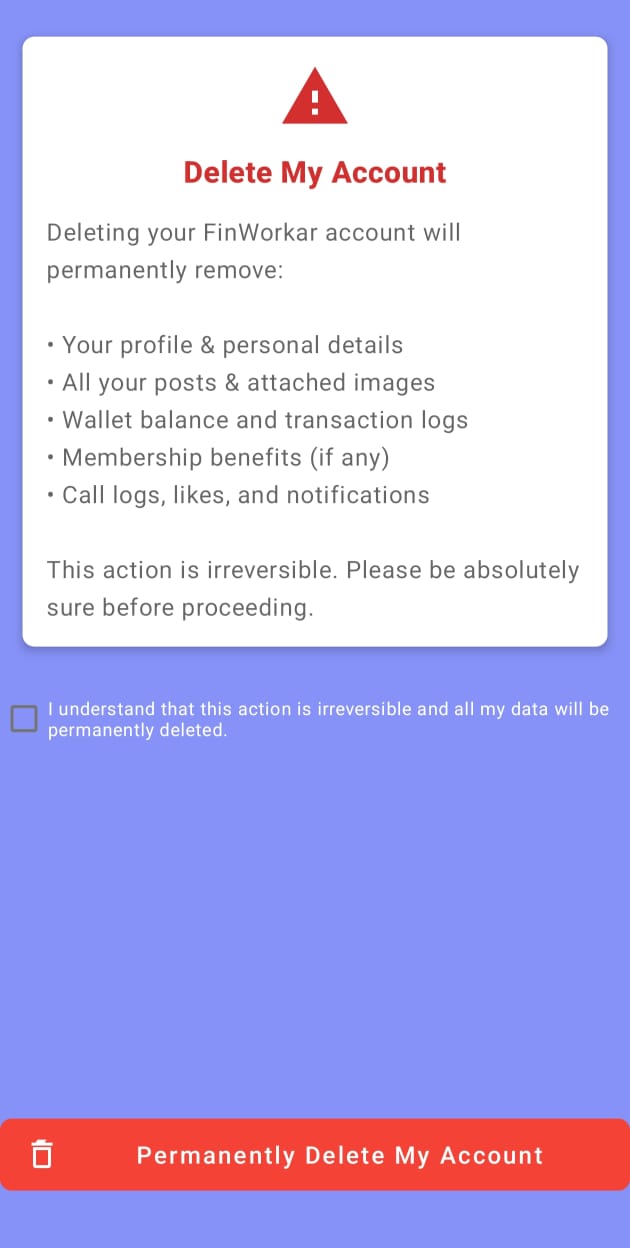Delete Account screen